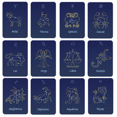 Vector set of Zodiac and signs, stars. Horoscope cards with constellation stars, decorative zodiac sketch symbols, icons.