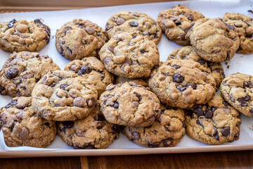 View of a tray of beautiful chocolate chip cookies