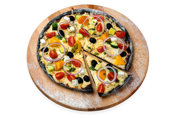 Whole vegetabe black dough Pizza  served on wooden board, isolated on white background. Veggie Dish with cherry tomatoes tomatoes, fresh cucumber, olives, sweet paprika and red spanish onion rings
