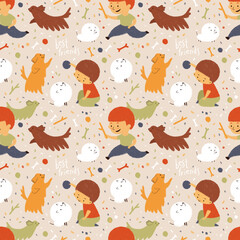 Seamless pattern with best friends. Doodle illustration with boys and dogs. Print for background, wallpaper, wrapping paper and fabric