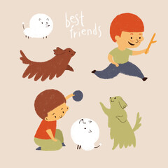 Doodle illustration. Boys play with small dogs. Best friends. Isolated elements for decor, postcard