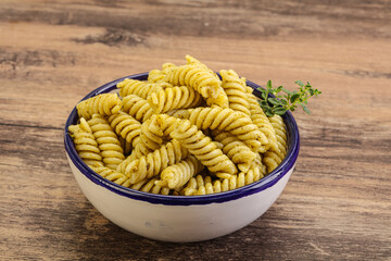 Italian pasta Fusilli with pesto