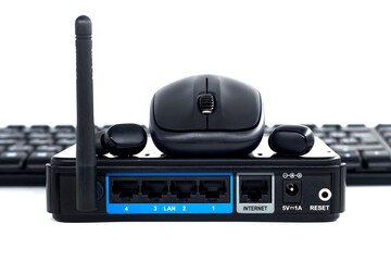 Wireless dial, router, headphones, mouse, keyboard on white background. Wireless connection