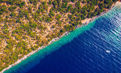 Coastal area with blue clear water and forest on land, aerial view taken by drone. Half land half sea on a diagonal line. A picturesque place where transparent turquoise water meets a stony shore.