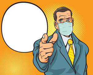 Man with  medical mask pointing finger retro style pop art