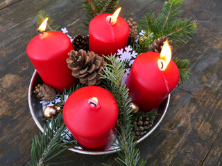 The 4th Advent, Advent Decoration With Four Burning Red Candles