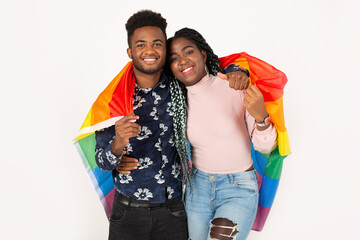 two beautiful young african people with lgbt flag on white background