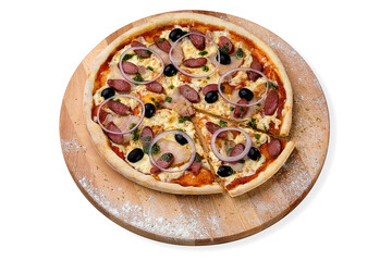 Whole meat Pizza With smoked hunting sausage, Spanish onion rings, black olives and tomato sauce on wooden plate served with culinary flour and spices, isolated on white background
