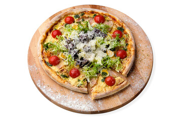 Whole Pizza in Caesar salad style on wooden plate served with culinary flour, isolated on white. Fast food dish with fresh lettuce, cherry tomatoes, quail eggs, Parmesan cheese, chicken fillet 
