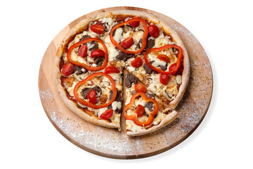 Whole meat Pizza on wooden plate served with culinary flour, isolated on white background. Fast food dish with beef pieces, cherry tomatoes, paprika (sweet bell pepper) and mozzarella cheese
