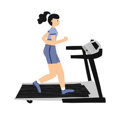 Fototapeta premium Hand drawn caucasian woman in sportswear and treadmill isolated on white background. Cardio training with running on treadmill. Sports workout. Flat style drawing design. Trendy vector illustration