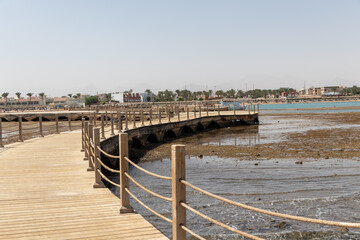Hurghada, Egypt - September 29 2020: View of the wooden boardwalk over the Red Sea in Hurghada,...