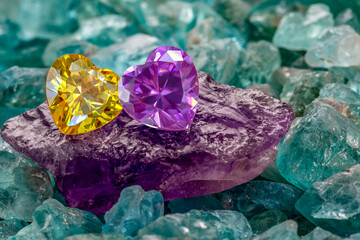 amethyst stone and yellow sapphire diamond heart shaped are placed together on raw purple amethyst stone in the midst of raw sky blue gemstones..