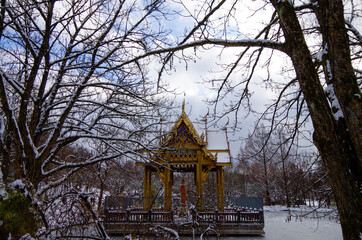 Beautiful nature winter wonderland landscape scenery with Thai pagoda temple on lake in Westpark...