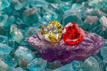 Red and yellow heart shaped gems are placed together on raw purple amethyst stone in the midst of raw sky blue gemstones.