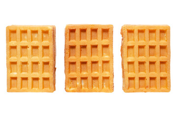 Belgium waffle isolated on white background, top view. Wafer with cells isolated on a white background. Three freshly baked Belgian waffle, top view. Soft waffle isolated on white background.