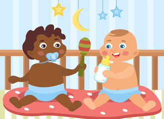 Two little babies of different ethnicity playing happily in the crib together sharing their toys, colored cartoon vector illustration