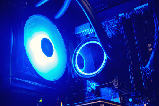 Open Computer System Unit With Blue Neon Light Water Cooling