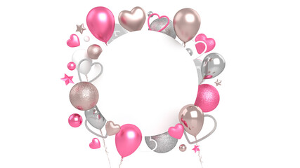Valentine's Day Background. Pink, White, Silver And Rose Gold Hearts, Balloons And Stars. Empty Space For Text - 3D Illustration