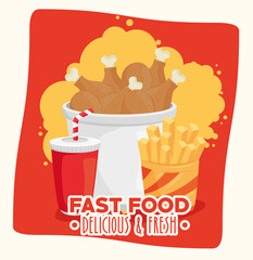 Fast food chicken bowl soda mug and french fries design of eat restaurant and menu theme Vector illustration
