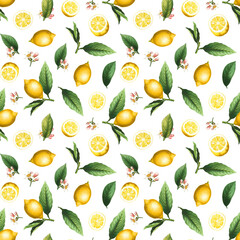 seamless pattern with lemon citrus fruits, blossoms and green leaves on white background
