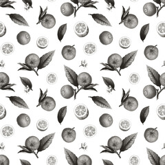 Fototapeta premium monochrome seamless pattern with black and white citrus fruits, blossoms and leaves on white background