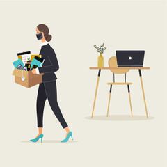 Concept of layoffs due to the virus pandemic. Young woman in protective mask leave workplace carrying cardboard box with stationery and other belongings.Employee quit.Vector illustration in flat style