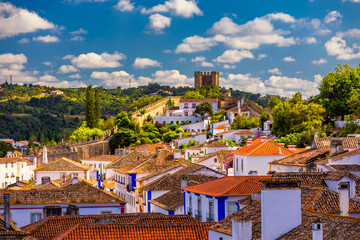 Obidos, Portugal stonewalled city with medieval fortress, historic walled town of Obidos, near...