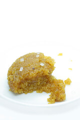Sweet Pongal on a white plate, Closeup