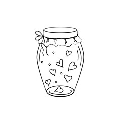 Cute jar of hearts. Hand drawn vector illustration in Doodle style. Isolated object on a white background. Design for wedding decor, Valentine's day.