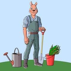 A young man with a shovel and a watering can works in the garden. Working outdoors is good for your health. Vector illustration.