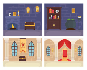 Fairytale king and magician rooms set design, Fantasy magic and medieval theme Vector illustration