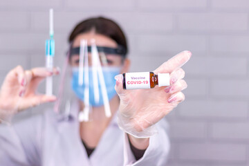 Double exposure of scientist doctor hand holds virtual molecular structure in the lab as concept