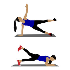 Women workout set. Women doing fitness and yoga exercises. Lunges, Push-ups, Squats, Burpees, Side Boards, Situ ps, Leg Raises, Russian Turn, Side Crunch.