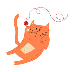 Cute ginger cat plays with knitting ball or yarn. Vector isolated hand-drawn illustration.