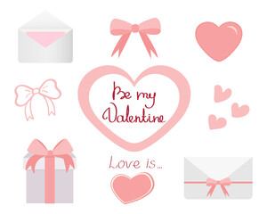 Set of elements for Valentine's Day. Cute bows, hearts, envelopes, gift box and lettering. Elements for your design and decoration isolated on white background. Be my Valentine. Vector illustration.