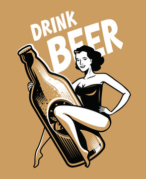 Beer And Girl Retro Poster. Vintage Vector Illustration