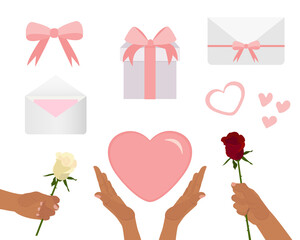 Set of elements for Valentine's Day. Envelopes, hearts, gift, bow and hands holding roses. Elements for your design and decoration isolated on white background. Vector flat illustration