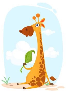 Cartoon giraffe character. Vector illustration funny giraffe eating a leaf and smiling.