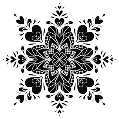 Vector hand drawn mandala isolated on white background. Valentine's day greeting card. Silhouette mandala of hearts.