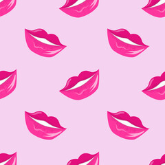 Seamless pattern for Valentines Day with pink lips in cartoon style. Vector illustration for Valentines Day greeting cards