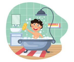 Funny Little Kid Having Bath. Flat cartoon vector illustration