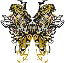 Splattered butterfly wings with jaguar patterns. Ornamental butterfly wings formed by jaguar elements with floral decorative motifs on white for prints, textiles, wallpaper, tattoos, etc.