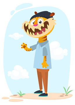 Cartoo tiger wearing black hat and teen clothes. Vector illustration of hipster style tiger character