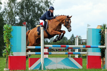 Young girl jumping obstacle with bay horse