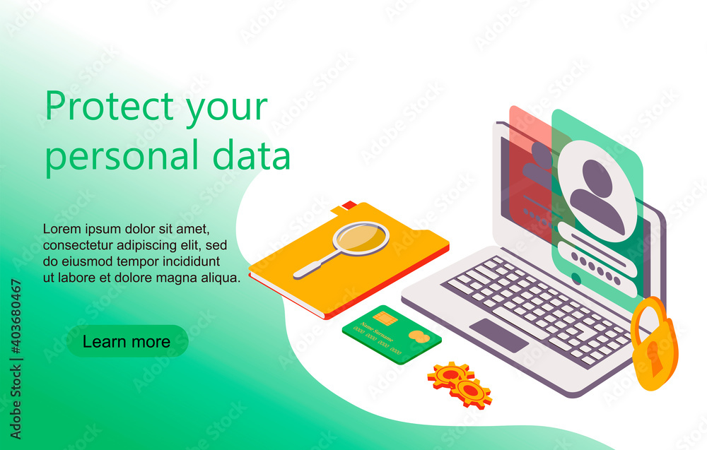 Poster personal data security in isometric vector illustration. online file server protection system concep