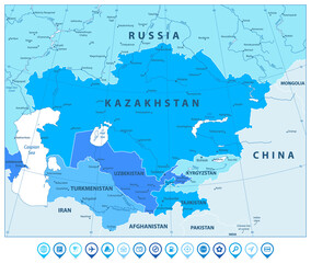 Central Asia Political Map In Colors Of Blue and map pointers