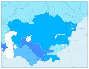 Central Asia Political Map In Colors Of Blue. No text