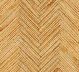 Rough untreated parquet floor with herringbone pattern. Yellow wood texture background. Hardwood planks. 