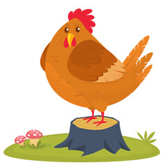 Cartoon big fat hen isolated. Vector illustration of a brown chicken